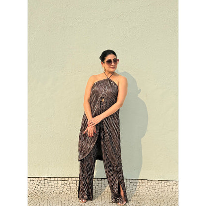 RAISHAA Bronze Sequin Halter High-Slit Tunic & Flared Pant (Set of 2)