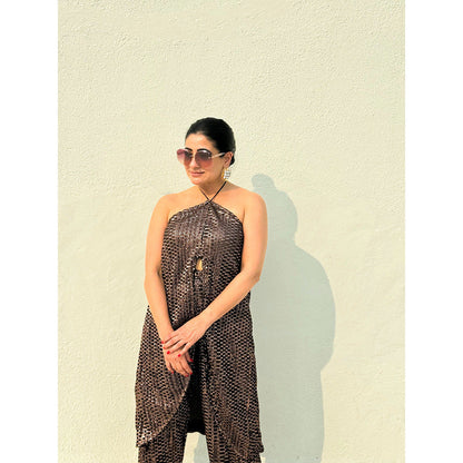 RAISHAA Bronze Sequin Halter High-Slit Tunic & Flared Pant (Set of 2)