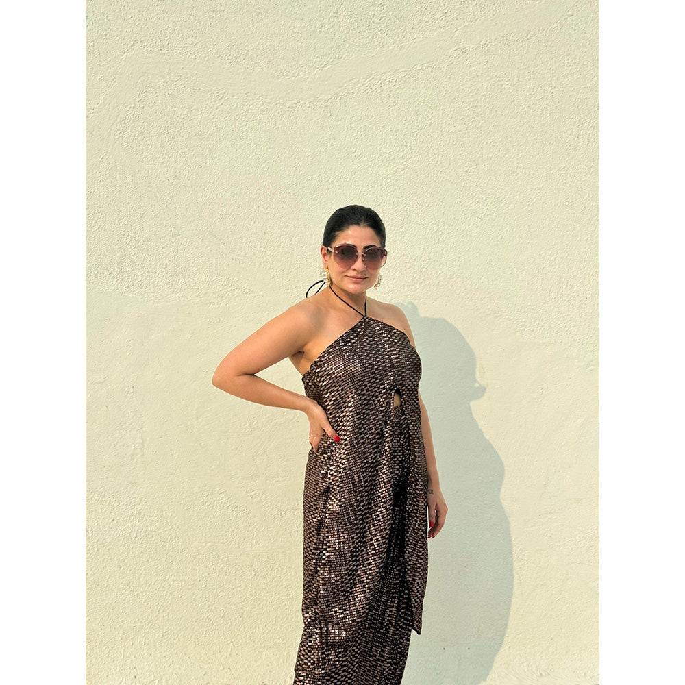 RAISHAA Bronze Sequin Halter High-Slit Tunic & Flared Pant (Set of 2)