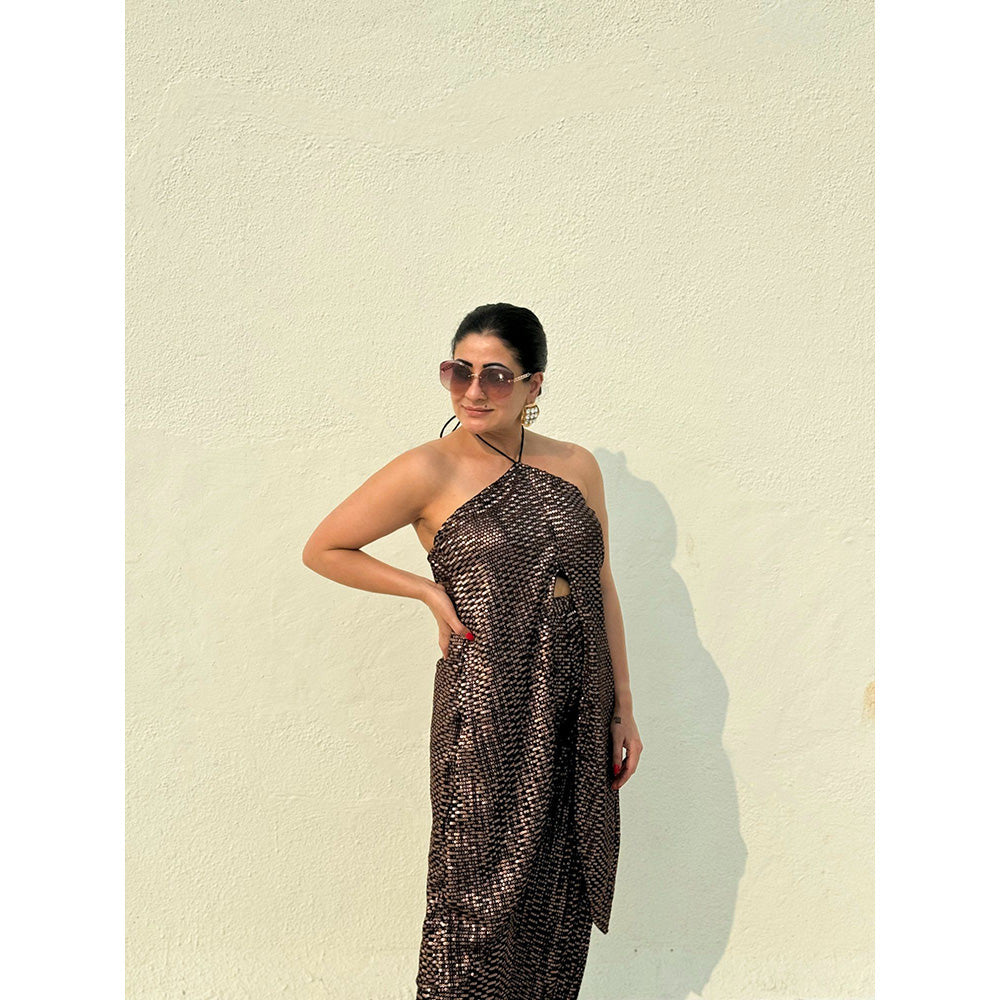 RAISHAA Bronze Sequin Halter High-Slit Tunic & Flared Pant (Set of 2)