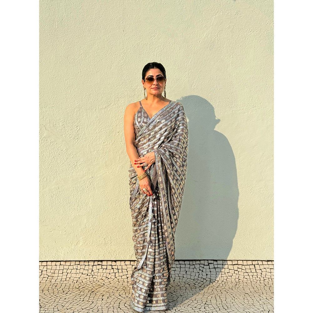 RAISHAA Silver Georgette & Sequin Embroidered Sari & Spaghetti Stitched Blouse