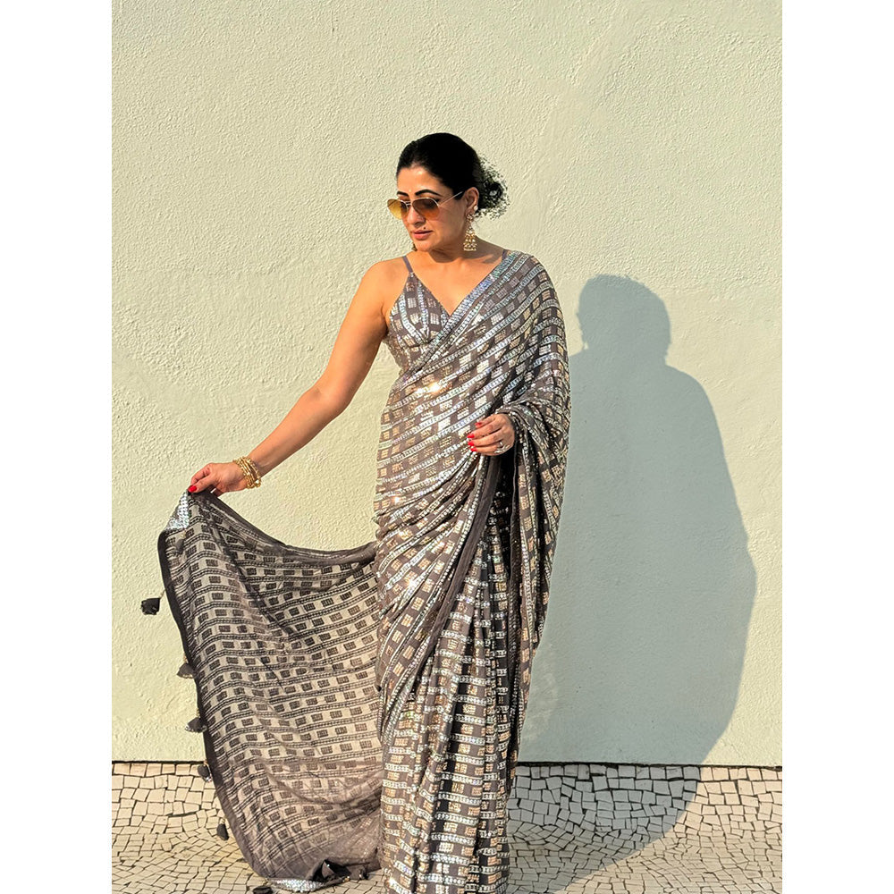 RAISHAA Silver Georgette & Sequin Embroidered Sari & Spaghetti Stitched Blouse