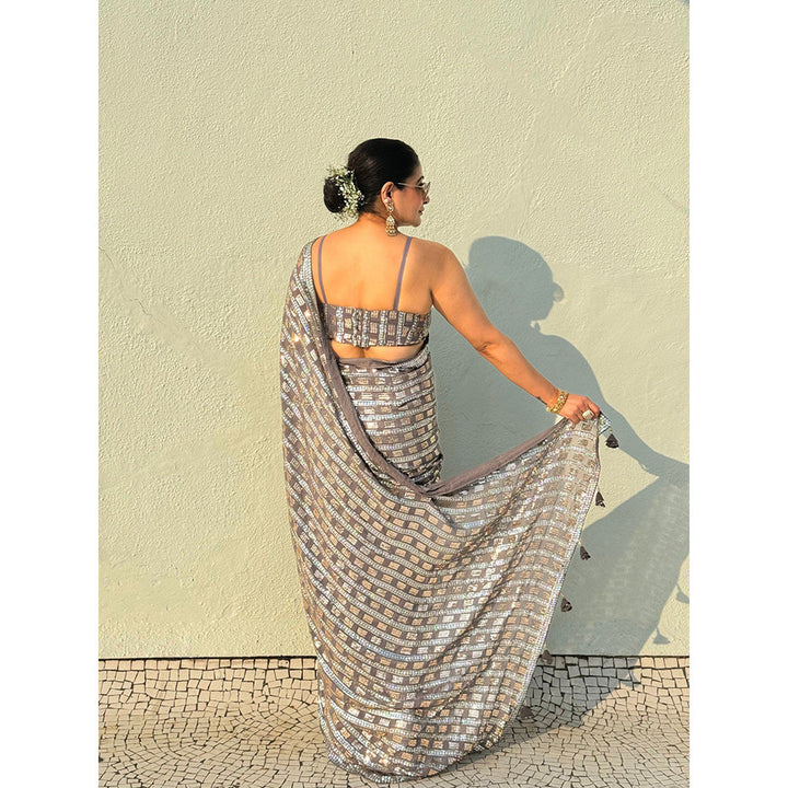 RAISHAA Silver Georgette & Sequin Embroidered Sari & Spaghetti Stitched Blouse
