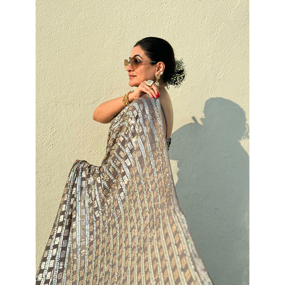 RAISHAA Silver Georgette & Sequin Embroidered Sari & Spaghetti Stitched Blouse