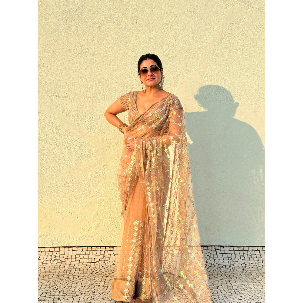 RAISHAA Nude Net Sari Featuring Multicoloured Sequin Floral Embroidery Stitched Blouse