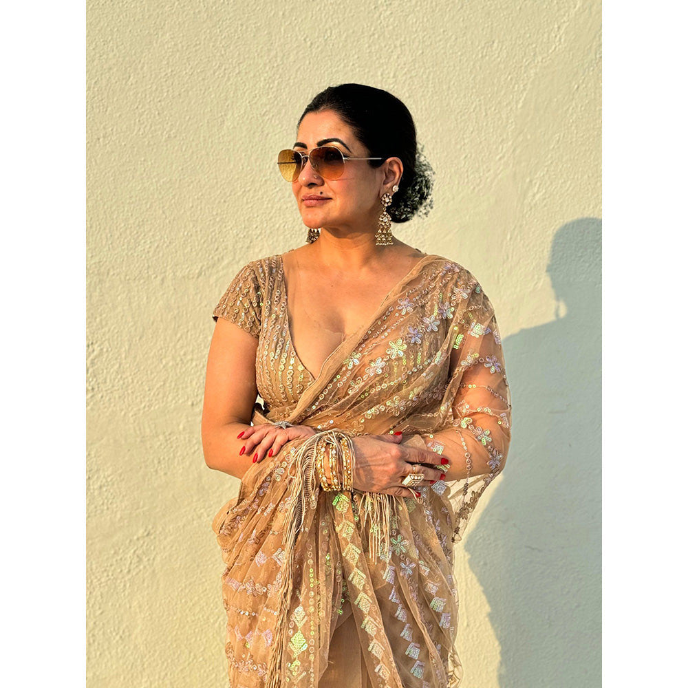 RAISHAA Nude Net Sari Featuring Multicoloured Sequin Floral Embroidery Stitched Blouse