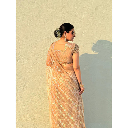 RAISHAA Nude Net Sari Featuring Multicoloured Sequin Floral Embroidery Stitched Blouse