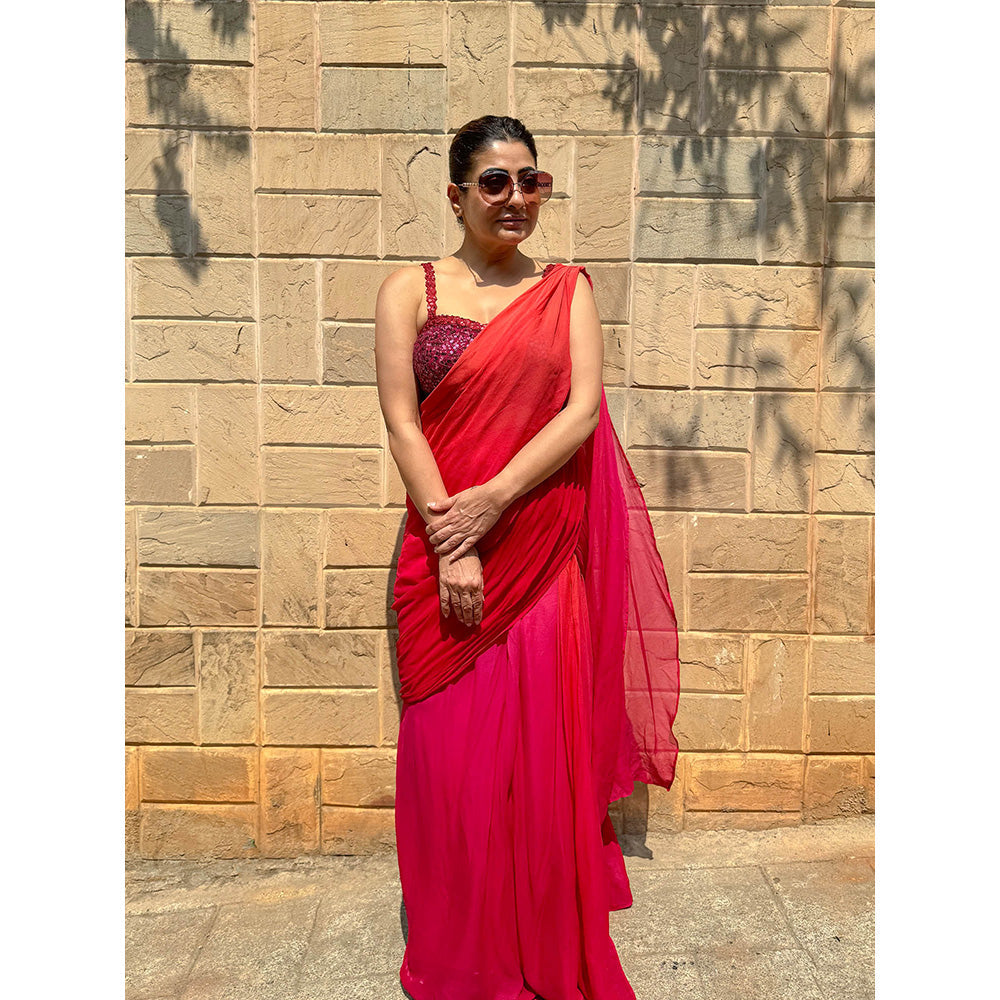 RAISHAA Red Ariel Concept Cocktail Saree With Stitched Blouse
