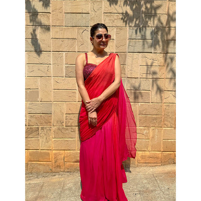 RAISHAA Red Ariel Concept Cocktail Saree With Stitched Blouse