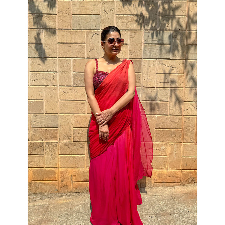 RAISHAA Red Ariel Concept Cocktail Saree With Stitched Blouse