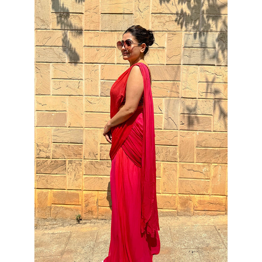 RAISHAA Red Ariel Concept Cocktail Saree With Stitched Blouse