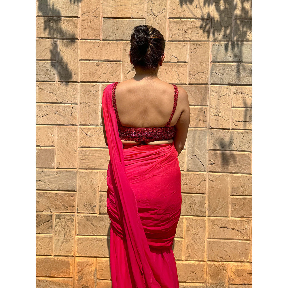 RAISHAA Red Ariel Concept Cocktail Saree With Stitched Blouse