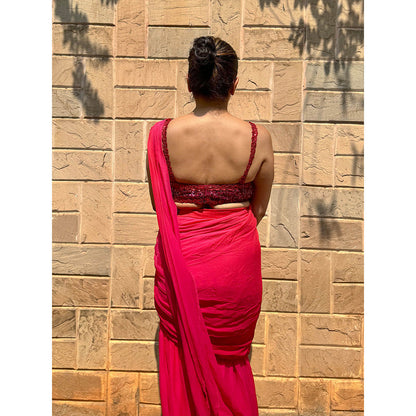 RAISHAA Red Ariel Concept Cocktail Saree With Stitched Blouse