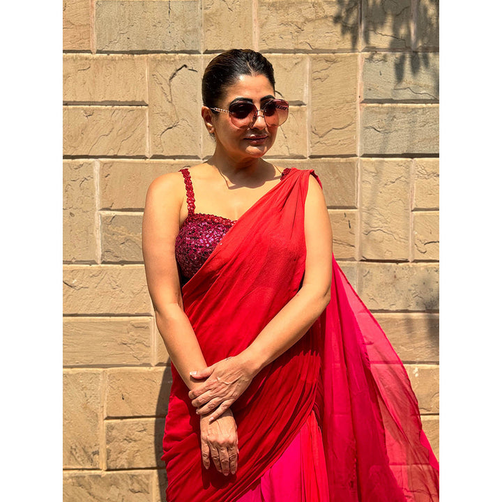 RAISHAA Red Ariel Concept Cocktail Saree With Stitched Blouse