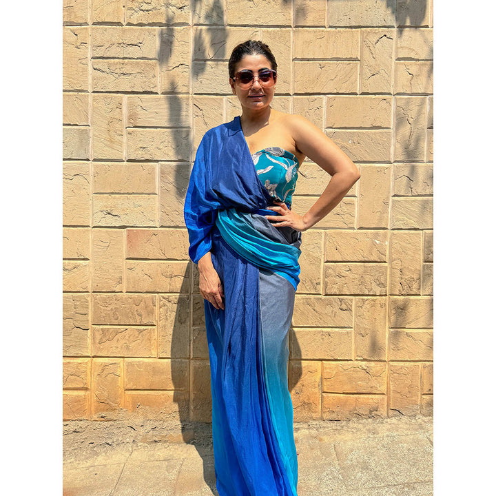 RAISHAA Blue Peacock Concept Pre-Drapped Saree With Stitched Blouse