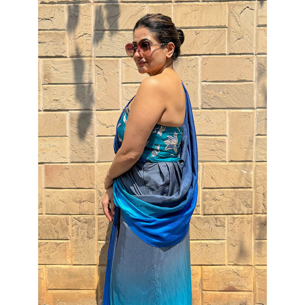 RAISHAA Blue Peacock Concept Pre-Drapped Saree With Stitched Blouse