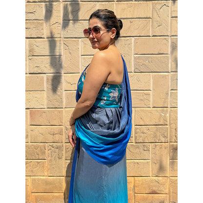 RAISHAA Blue Peacock Concept Pre-Drapped Saree With Stitched Blouse