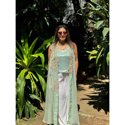 RAISHAA Green Pastiche Organza Cape with Top (Set of 2)