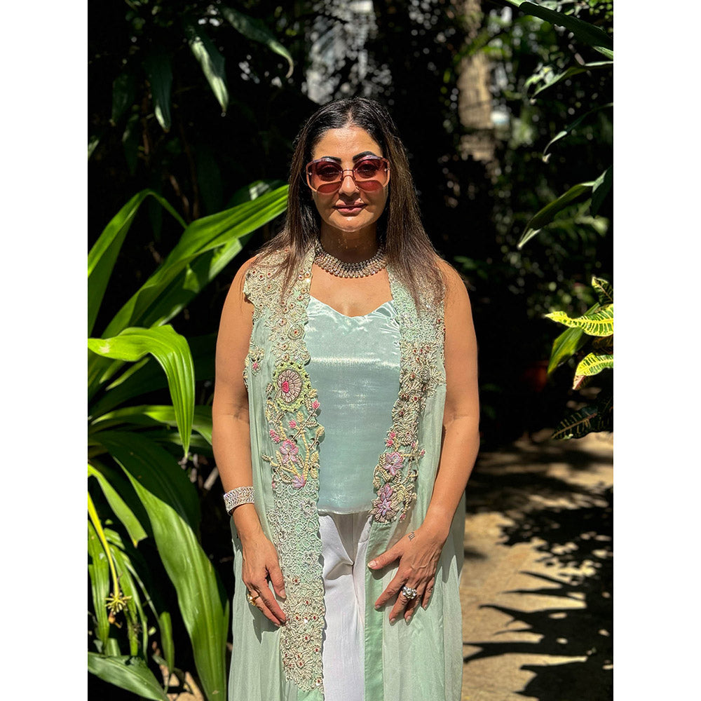 RAISHAA Green Pastiche Organza Cape with Top (Set of 2)