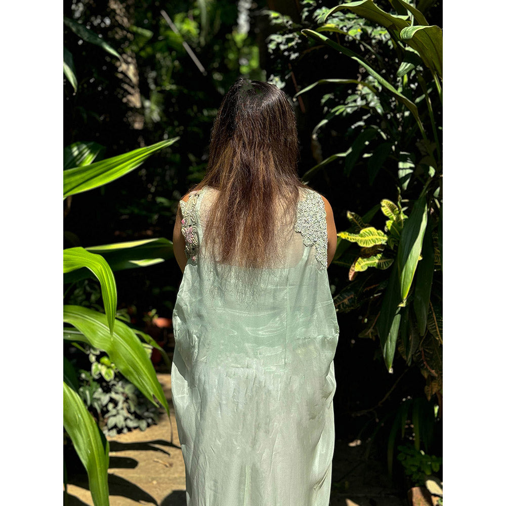 RAISHAA Green Pastiche Organza Cape with Top (Set of 2)