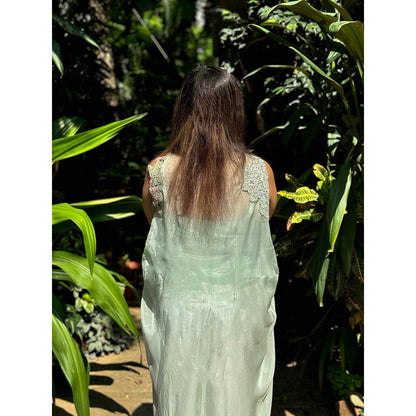 RAISHAA Green Pastiche Organza Cape with Top (Set of 2)