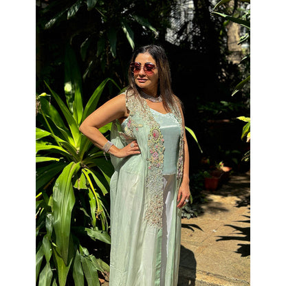 RAISHAA Green Pastiche Organza Cape with Top (Set of 2)