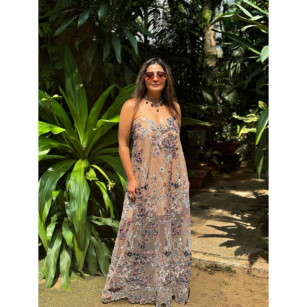 RAISHAA Nude Diana Embellished Cocktail Gown