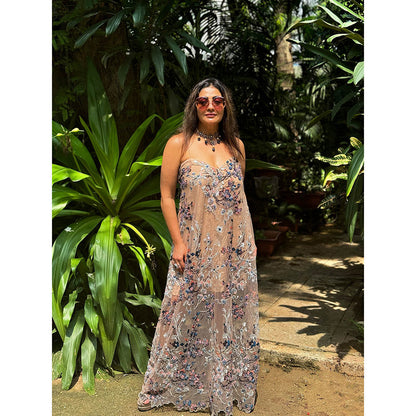 RAISHAA Nude Diana Embellished Cocktail Gown