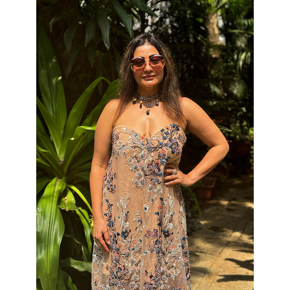 RAISHAA Nude Diana Embellished Cocktail Gown