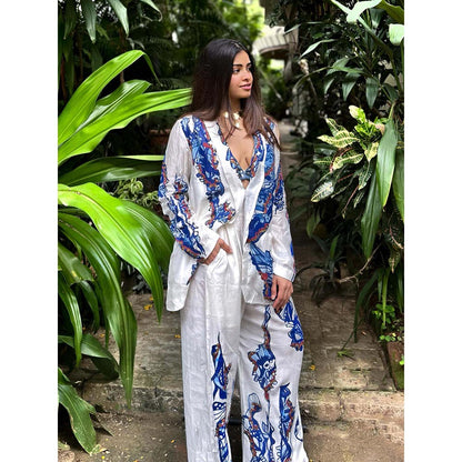 RAISHAA White Silk Nyx Hand Painted Printed Co-Ord (Set of 2)