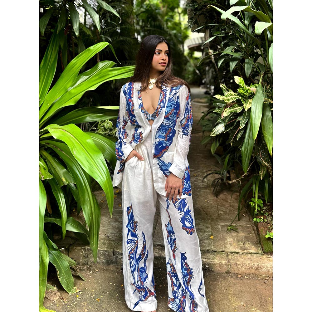 RAISHAA White Silk Nyx Hand Painted Printed Co-Ord (Set of 2)