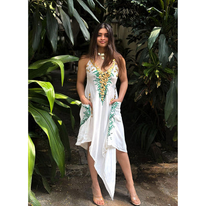 RAISHAA White Elena Hand Painted Midi Dress