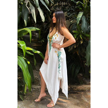 RAISHAA White Elena Hand Painted Midi Dress
