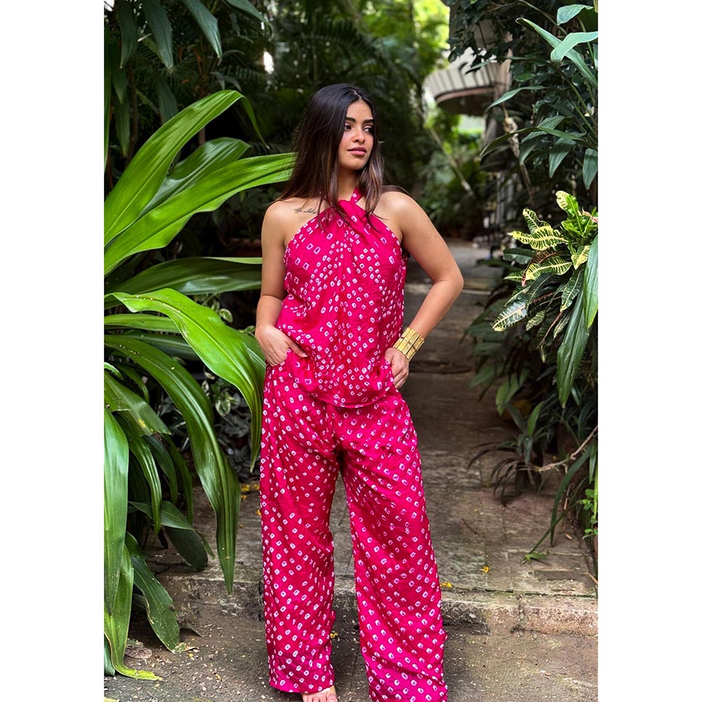 RAISHAA Pink Raspberry Bandhani Print Co-Ord (Set of 2)