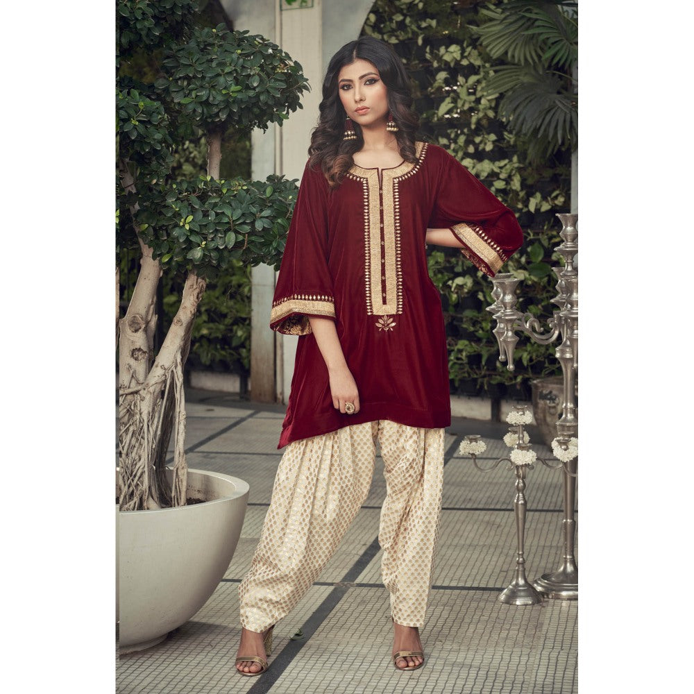 Ranian Maroon Velvet Kurta with Chanderi Salwar (Set of 2)
