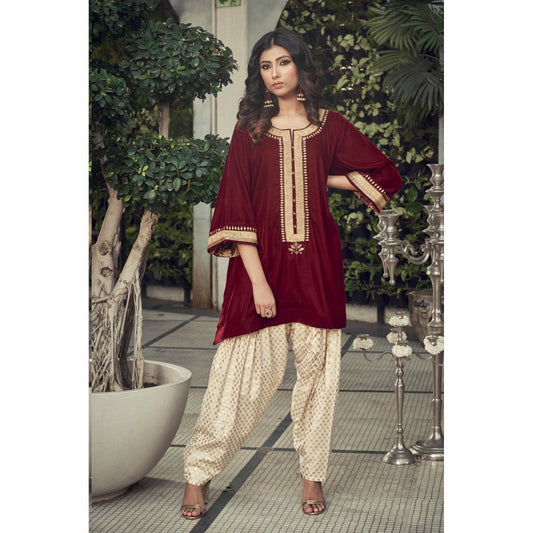Ranian Maroon Velvet Kurta with Chanderi Salwar (Set of 2)