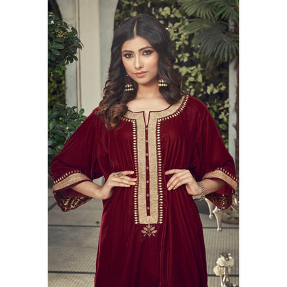 Ranian Maroon Velvet Kurta with Chanderi Salwar (Set of 2)