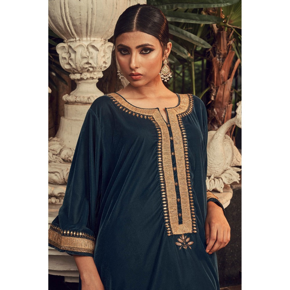 Ranian Prussian Teal Blue Velvet Kurta with Chanderi Salwar (Set of 2)