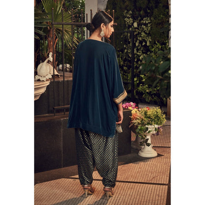 Ranian Prussian Teal Blue Velvet Kurta with Chanderi Salwar (Set of 2)