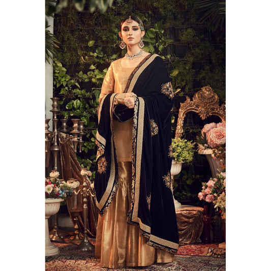 Ranian Oxidized Gold Sharara with Kurti and Navy Blue Velvet Dupatta (Set of 3)