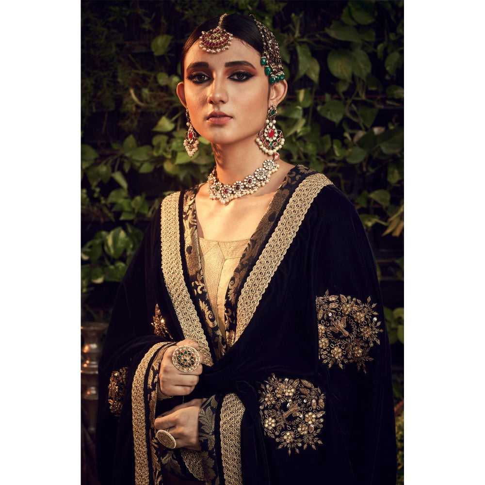 Ranian Oxidized Gold Sharara with Kurti and Navy Blue Velvet Dupatta (Set of 3)