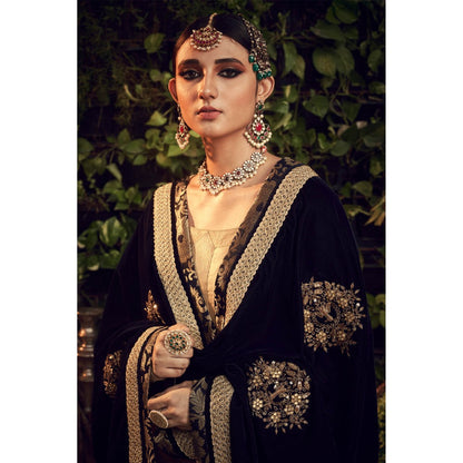 Ranian Oxidized Gold Sharara with Kurti and Navy Blue Velvet Dupatta (Set of 3)