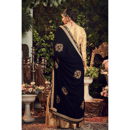 Ranian Oxidized Gold Sharara with Kurti and Navy Blue Velvet Dupatta (Set of 3)