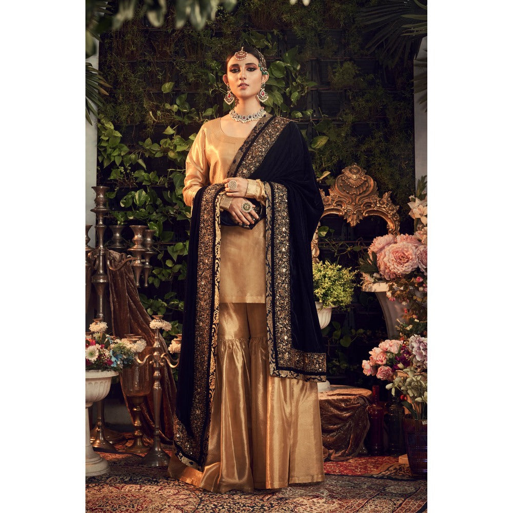 Ranian Oxidized Gold Sharara with Kurti and Navy Blue Velvet Dupatta (Set of 3)