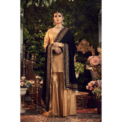 Ranian Oxidized Gold Sharara with Kurti and Navy Blue Velvet Dupatta (Set of 3)
