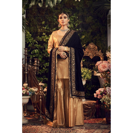 Ranian Oxidized Gold Sharara with Kurti and Navy Blue Velvet Dupatta (Set of 3)