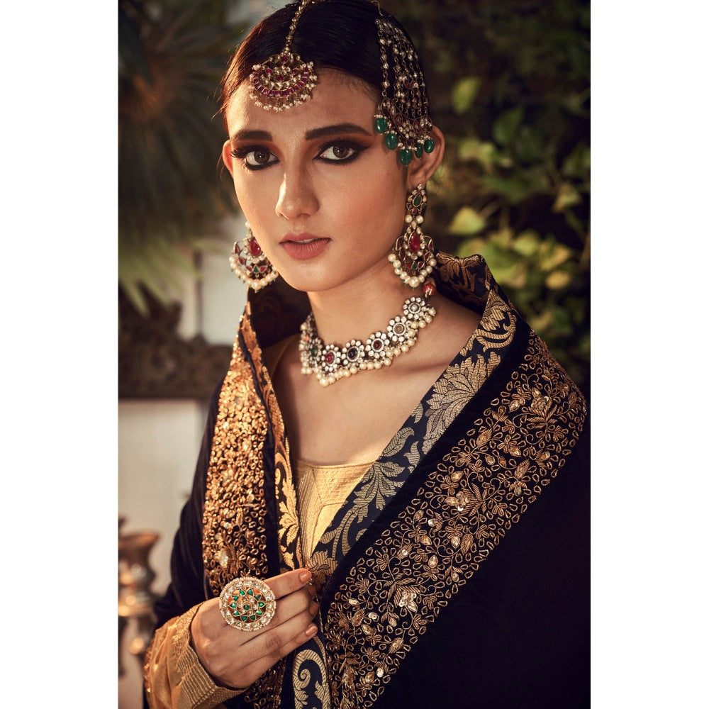 Ranian Oxidized Gold Sharara with Kurti and Navy Blue Velvet Dupatta (Set of 3)