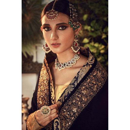 Ranian Oxidized Gold Sharara with Kurti and Navy Blue Velvet Dupatta (Set of 3)