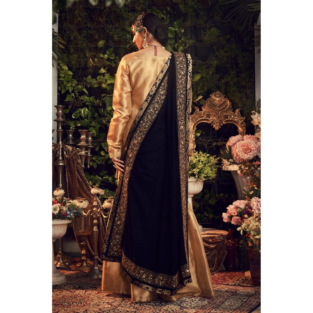 Ranian Oxidized Gold Sharara with Kurti and Navy Blue Velvet Dupatta (Set of 3)