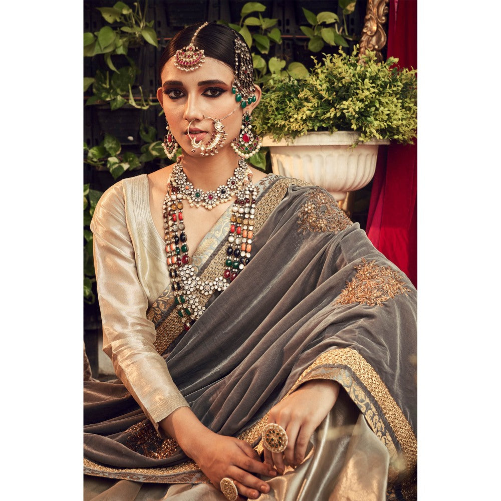 Ranian Beige Lehenga and Blouse with Grey Velvet Dupatta (Set of 3)